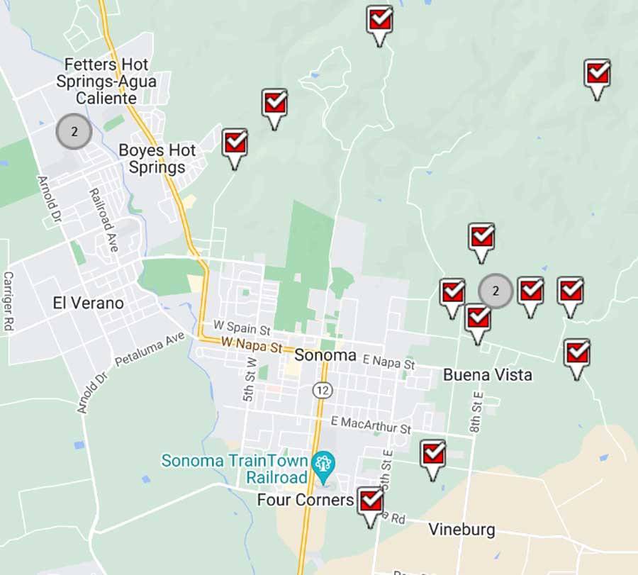 sonoma luxury home sales map showing east side of sonoma with the most luxury sales